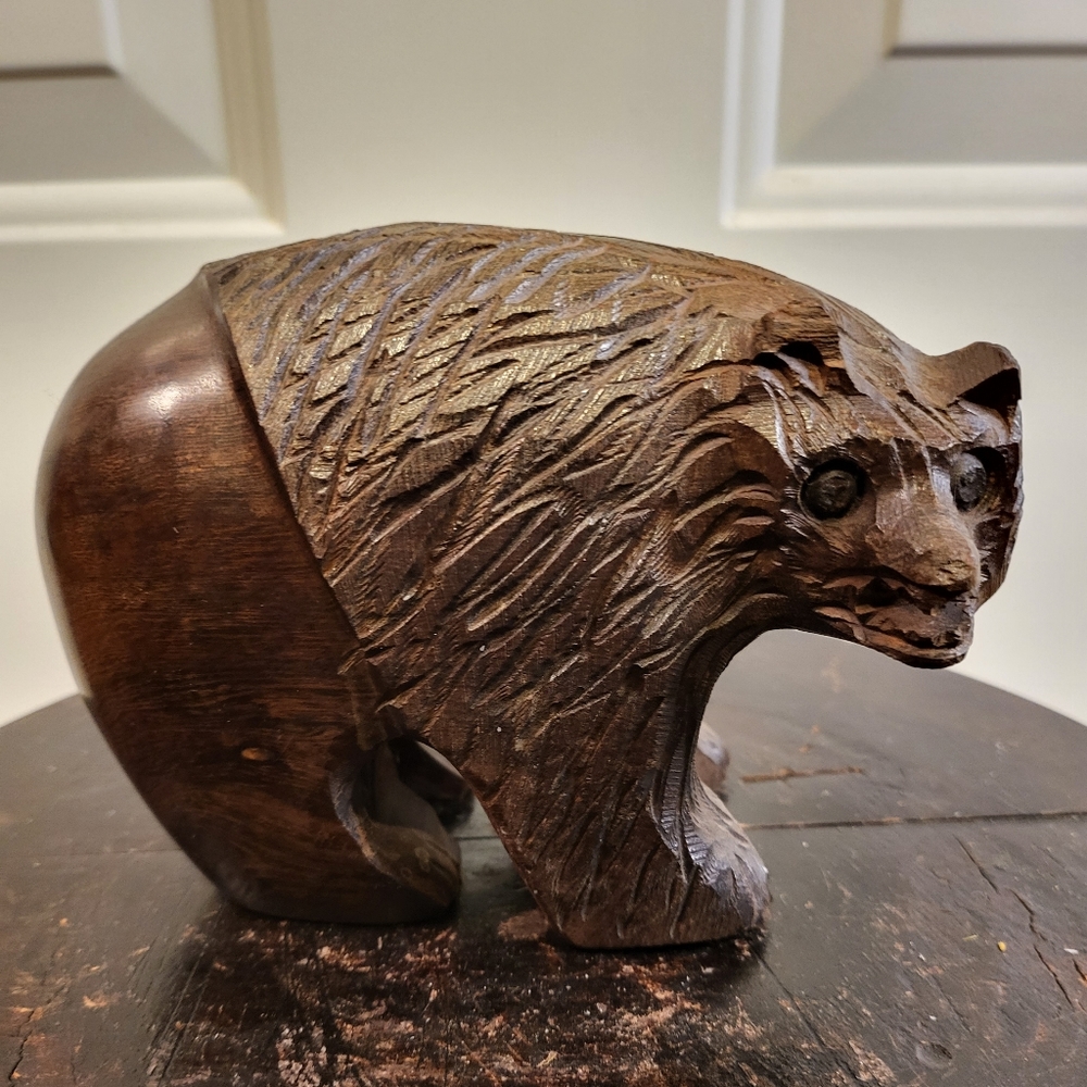 Vintage Hand Carved Modernist Iron Wood Bear - Picture 1 of 12